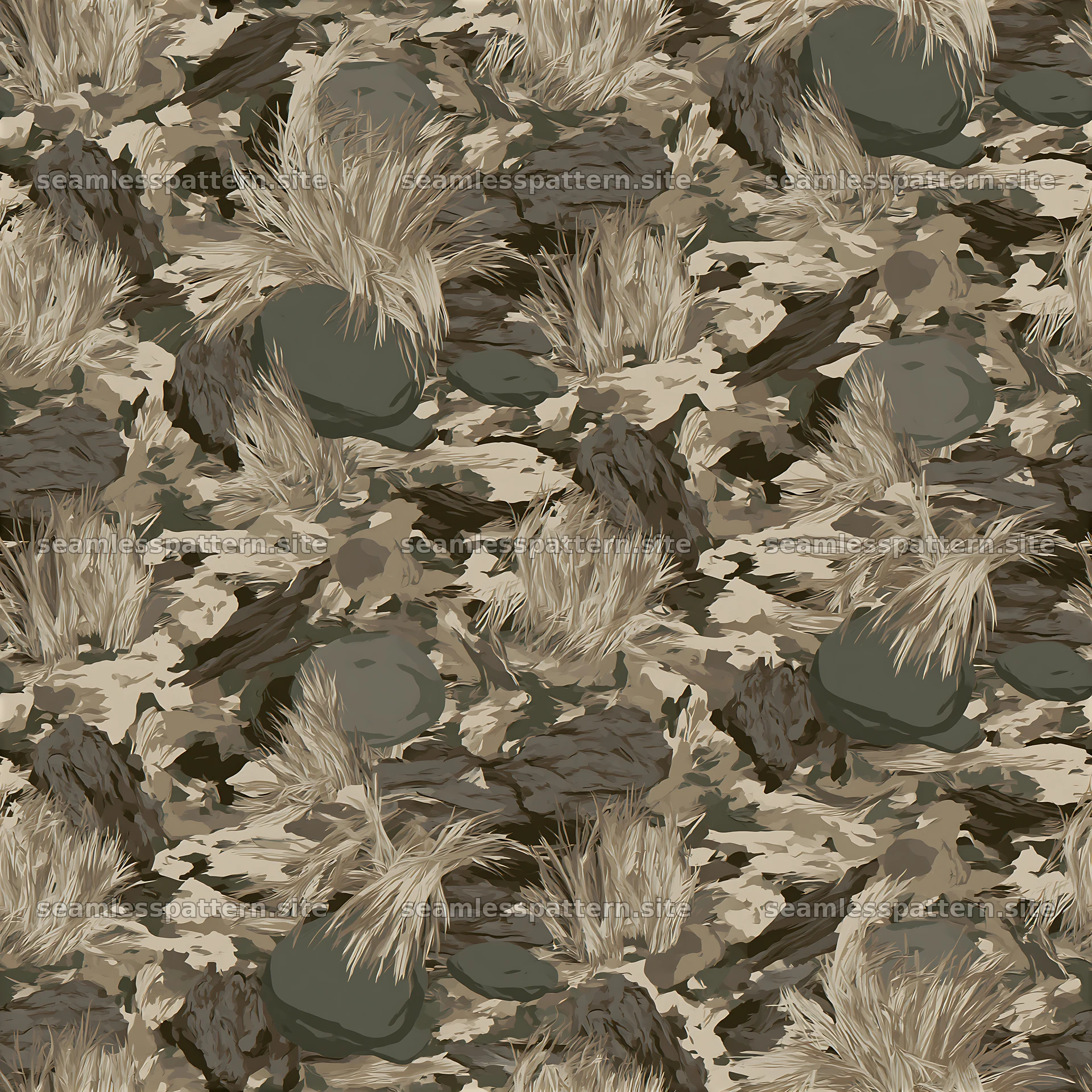 Repeat organic camouflage pattern with rocks and grass