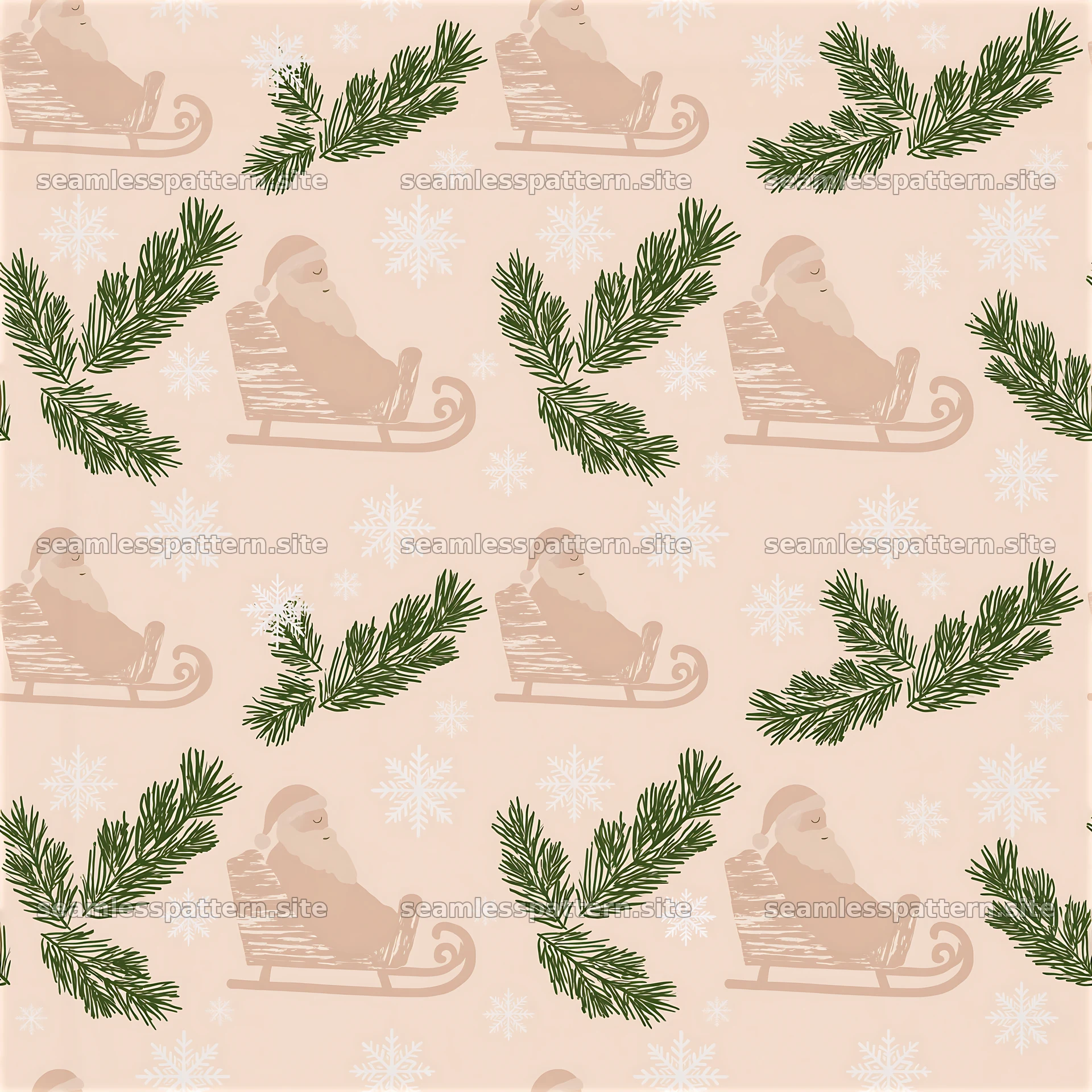 Santa Claus repeating pattern with sleighs and pine branches