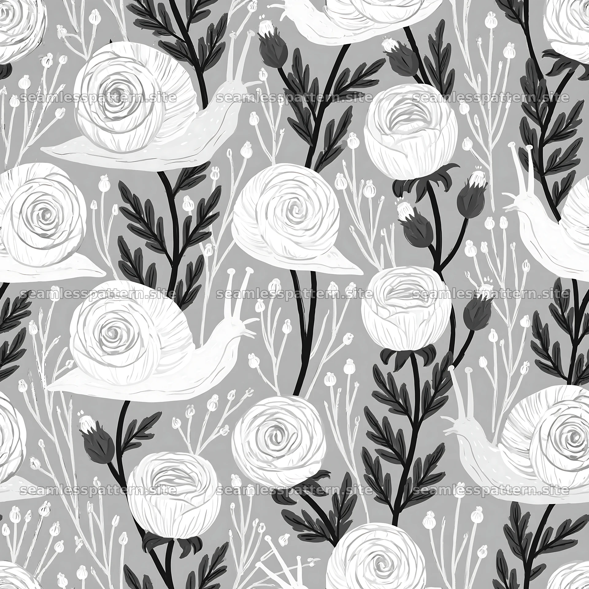Seamless snail pattern for nursery fabric in black and white