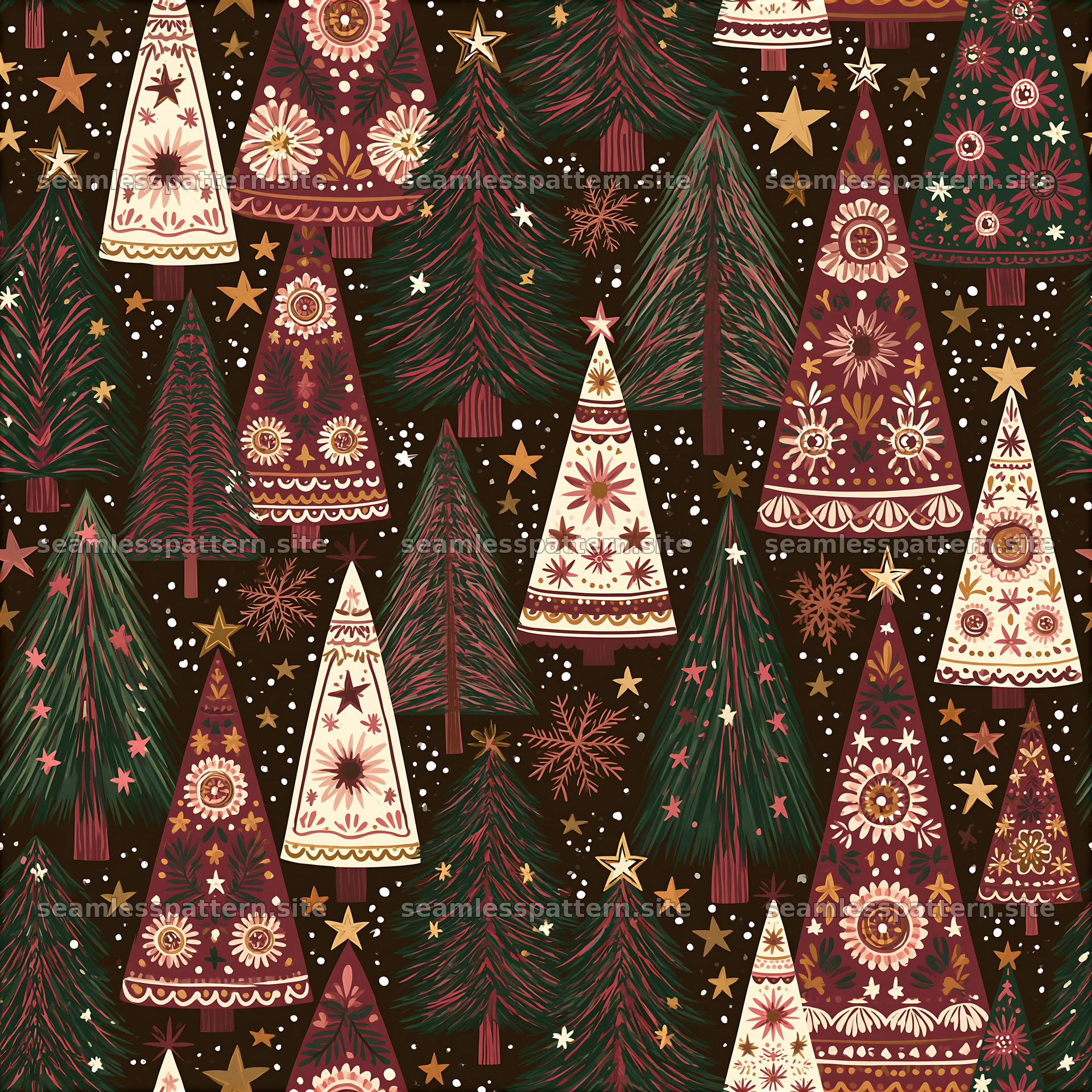 Seamless folk art Christmas tree pattern in dark colors