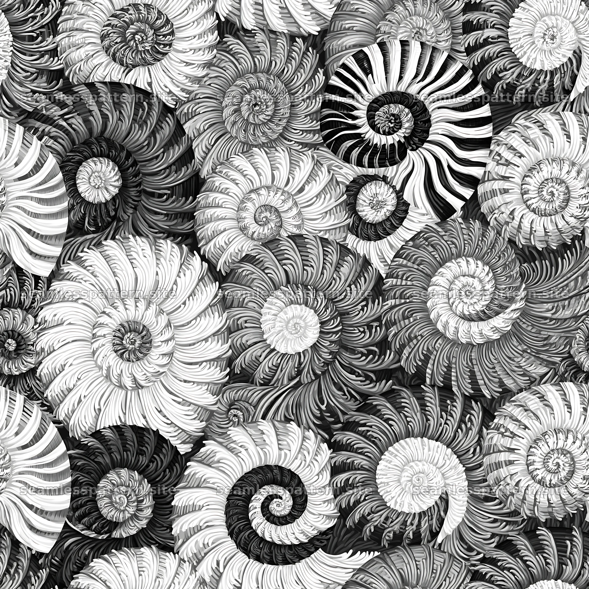 Seamless snail shell pattern with spirals in monochrome