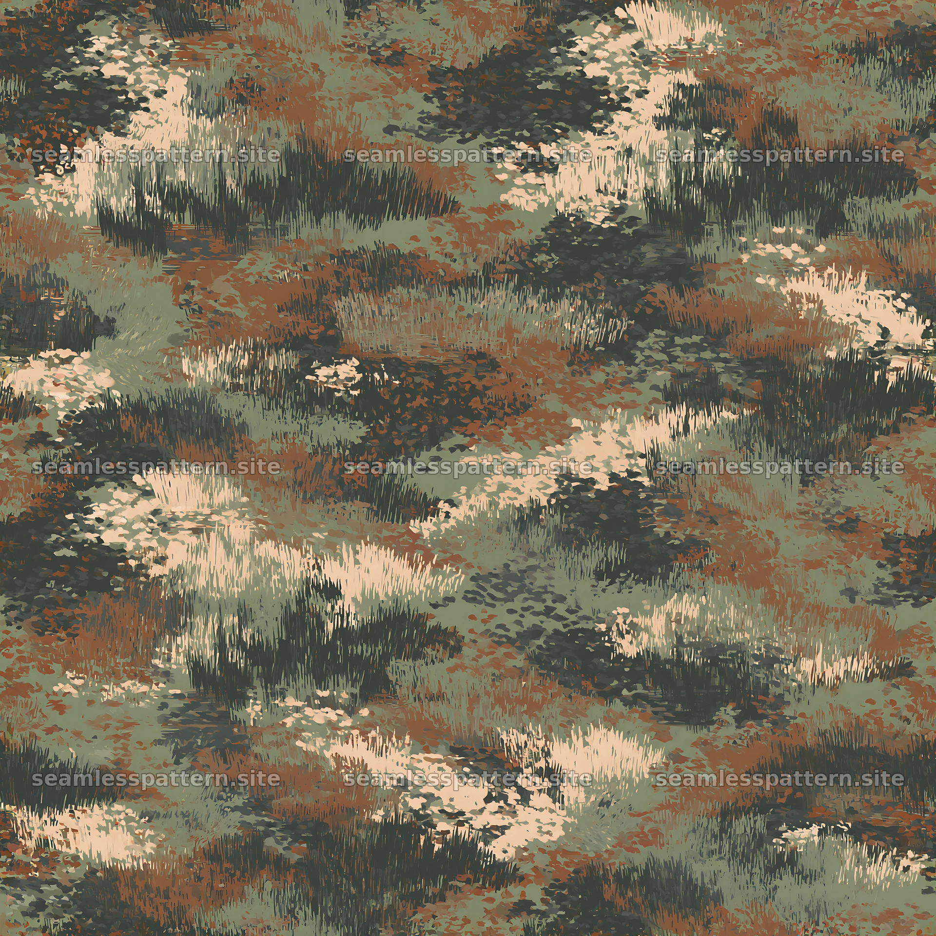 Seamless woodland camouflage brushstroke pattern in earthy tones