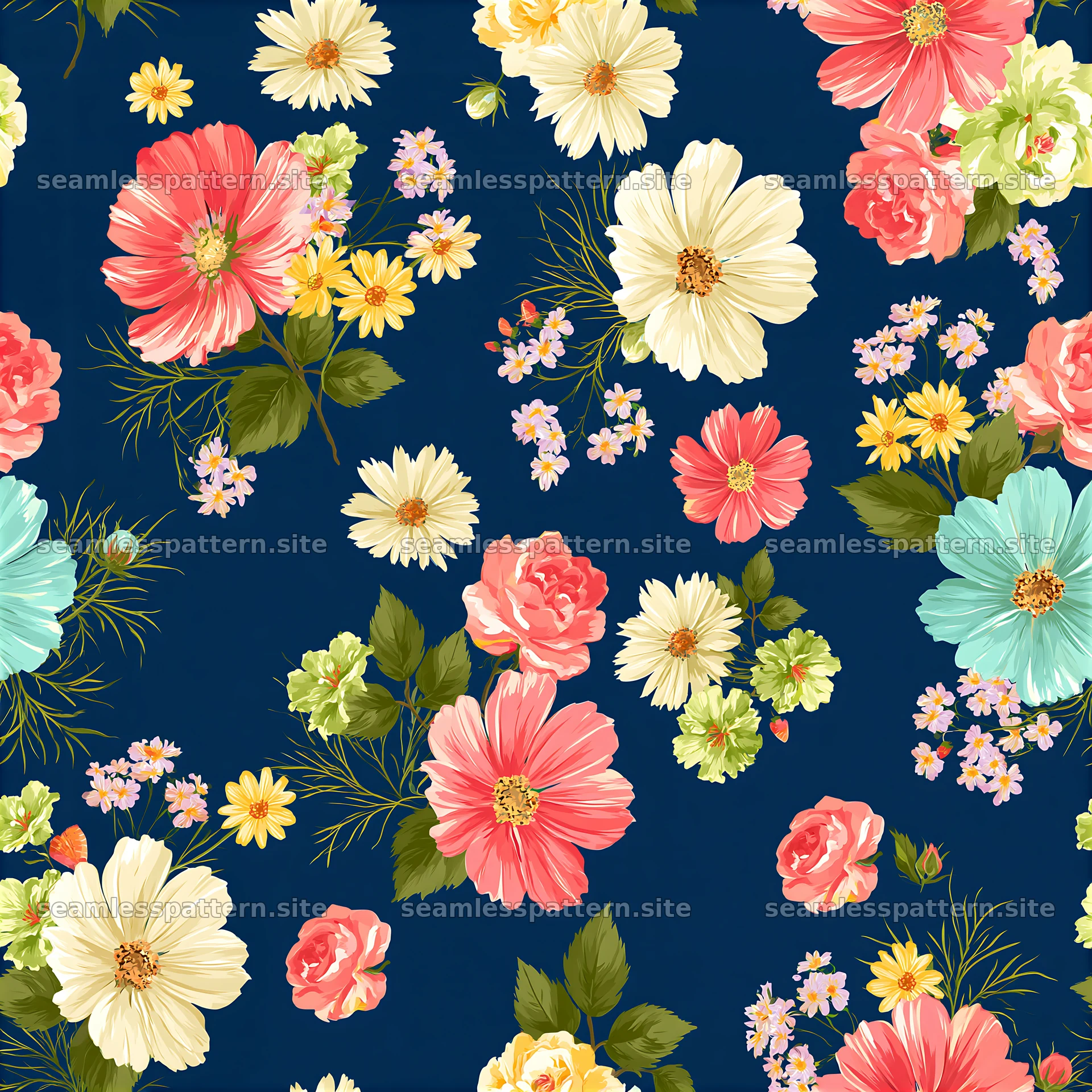 Garden flower seamless pattern with colorful blooms and leaves