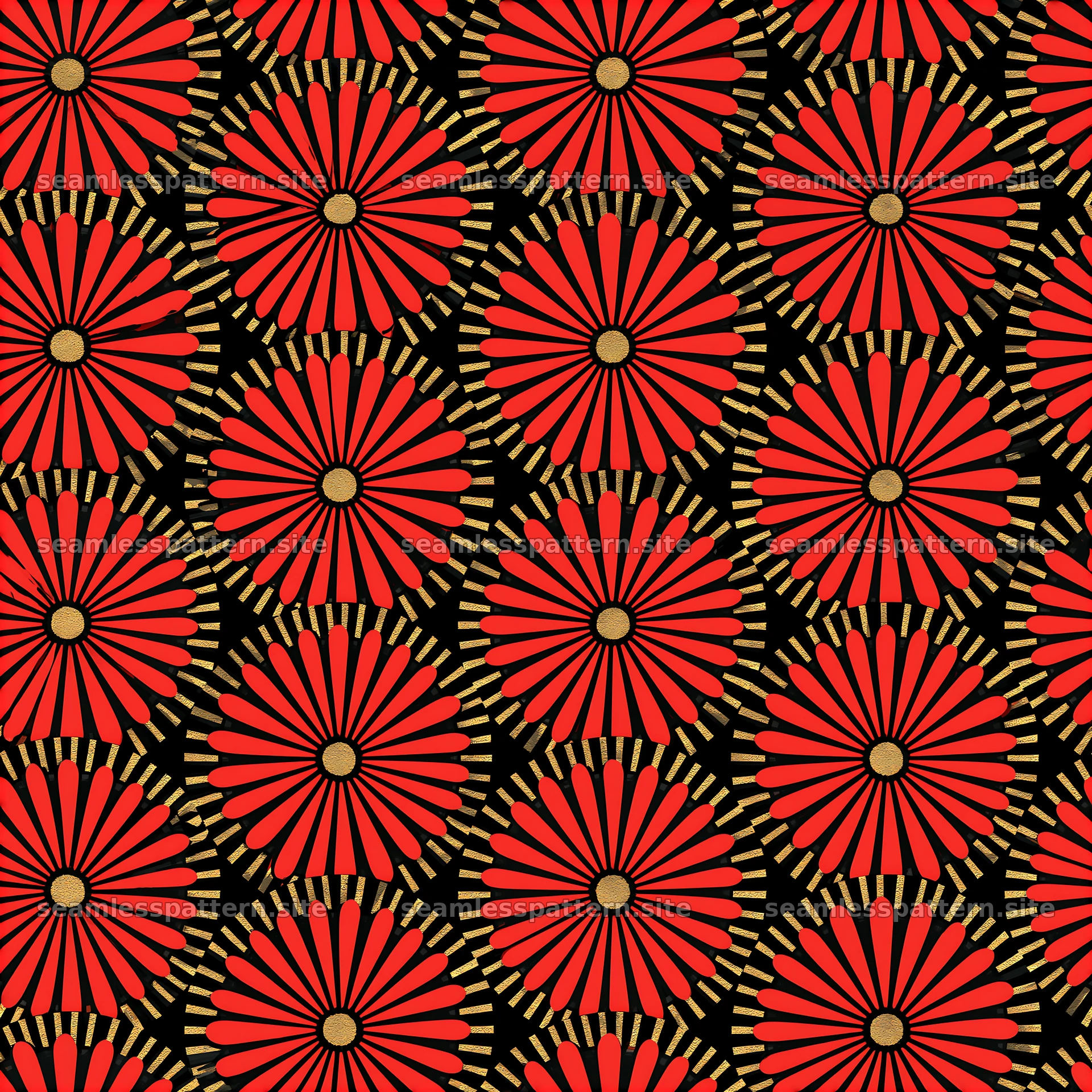 Retro black red gold tileable pattern with floral elements and bold colors