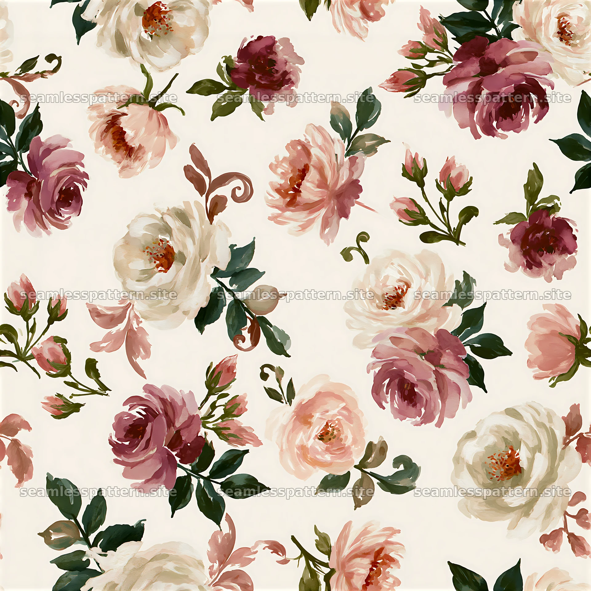 Watercolor floral repeat pattern with peonies and rosebuds