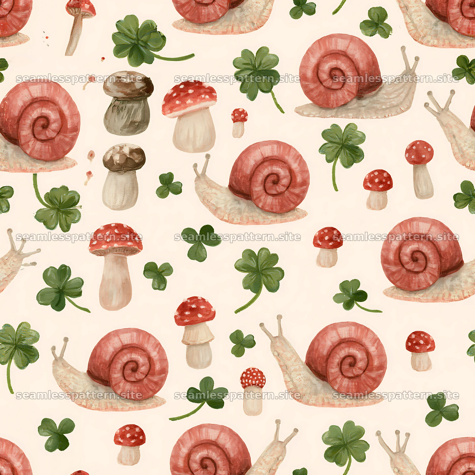 Seamless pattern featuring cute snails and mushrooms