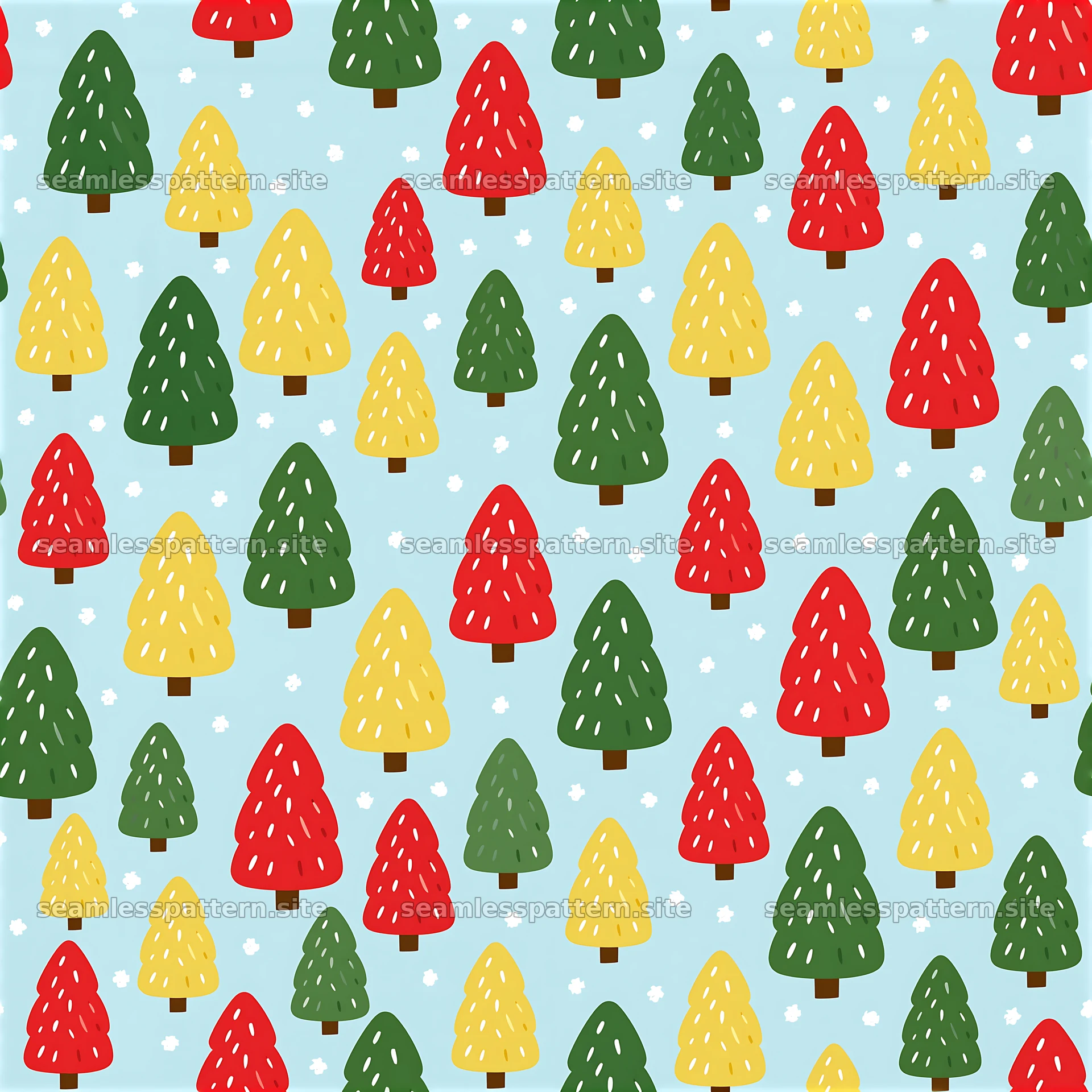 Seamless Christmas tree pattern with colorful trees on light blue background