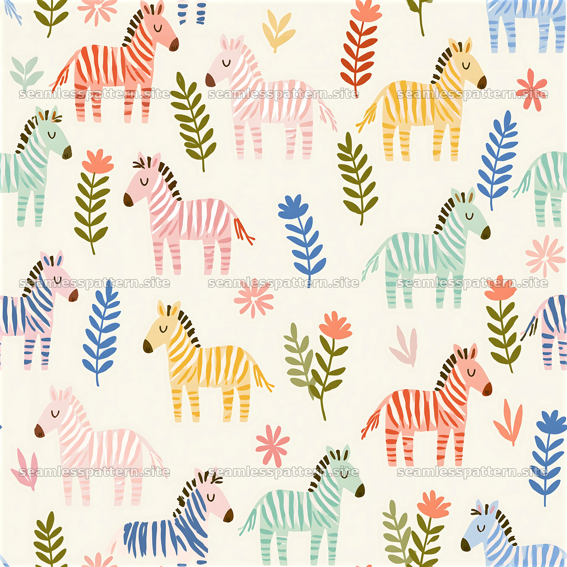 Colorful zebra seamless pattern with plants on a light background