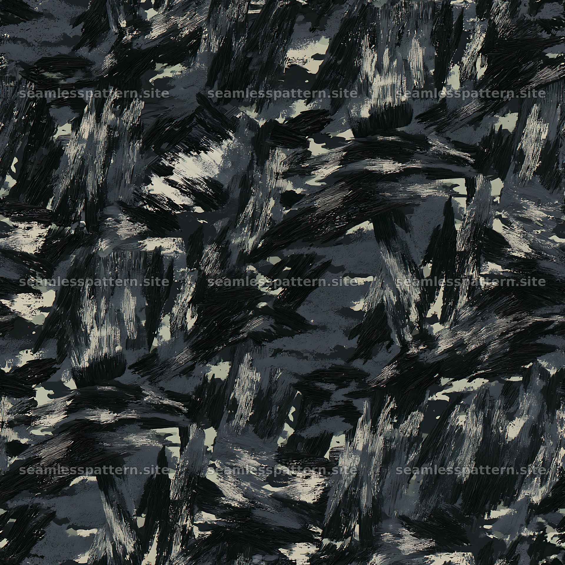 Seamless black camouflage brushstroke pattern for textiles