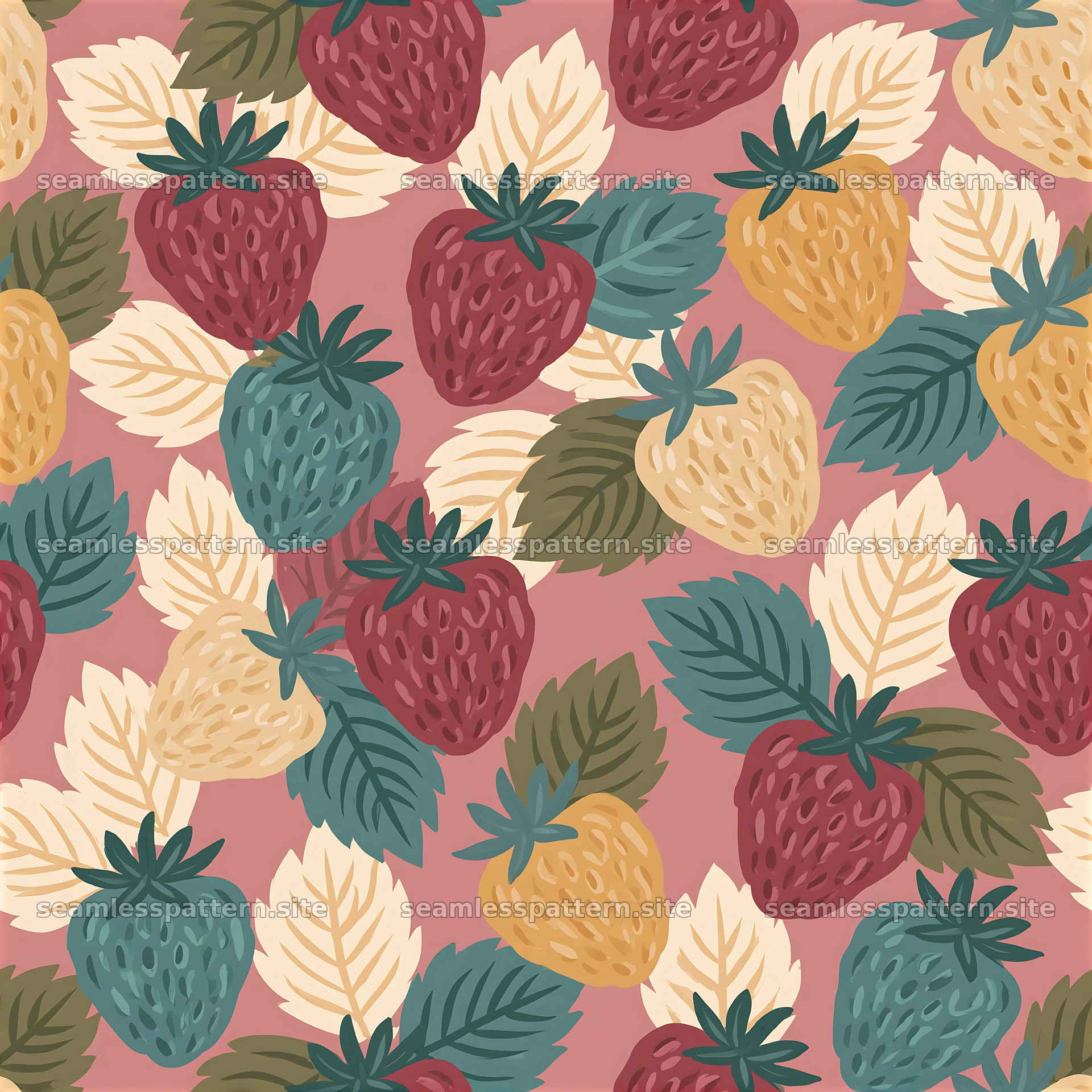 Colorful strawberries seamless pattern with leaves and a pink background