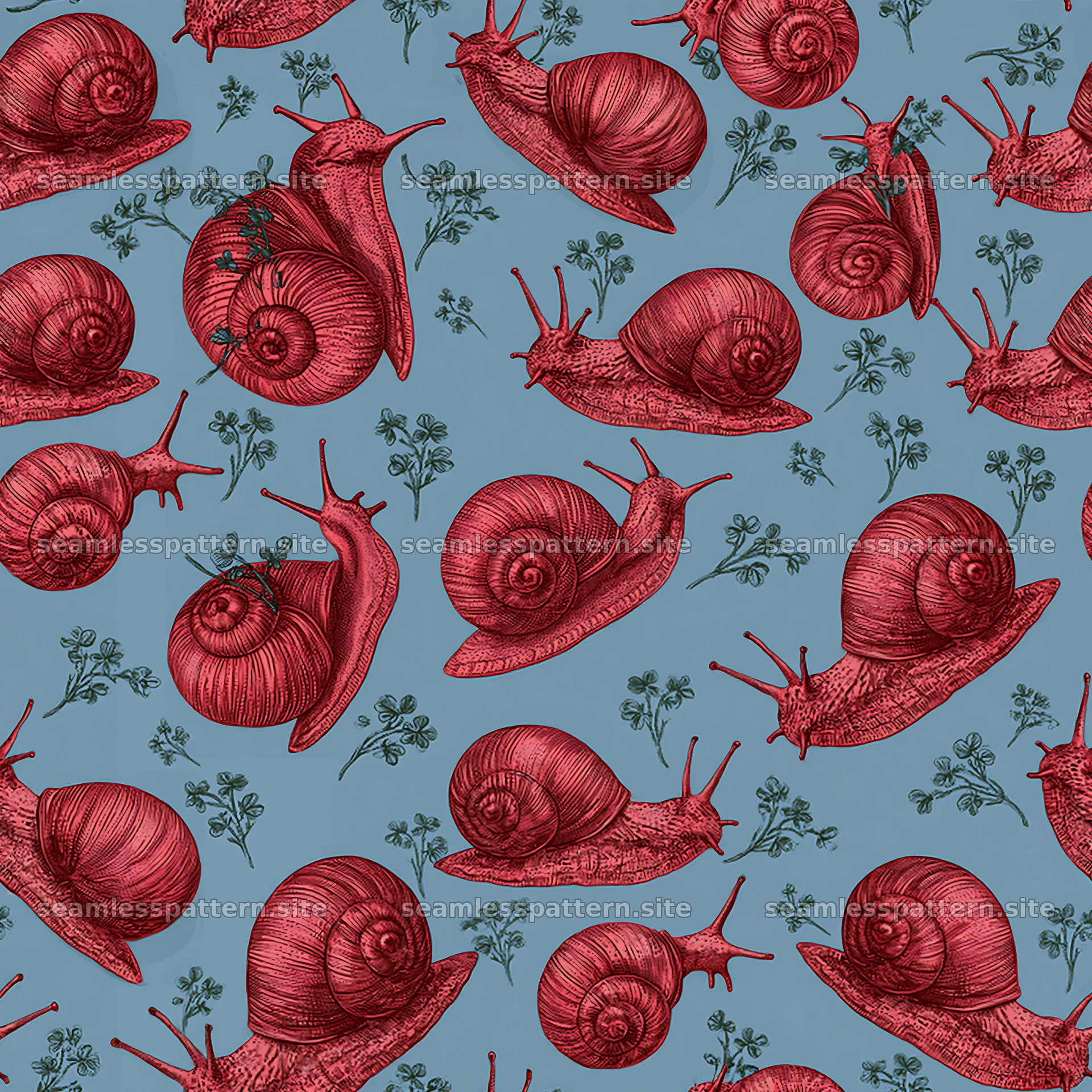 Red snail seamless pattern in various poses on blue background