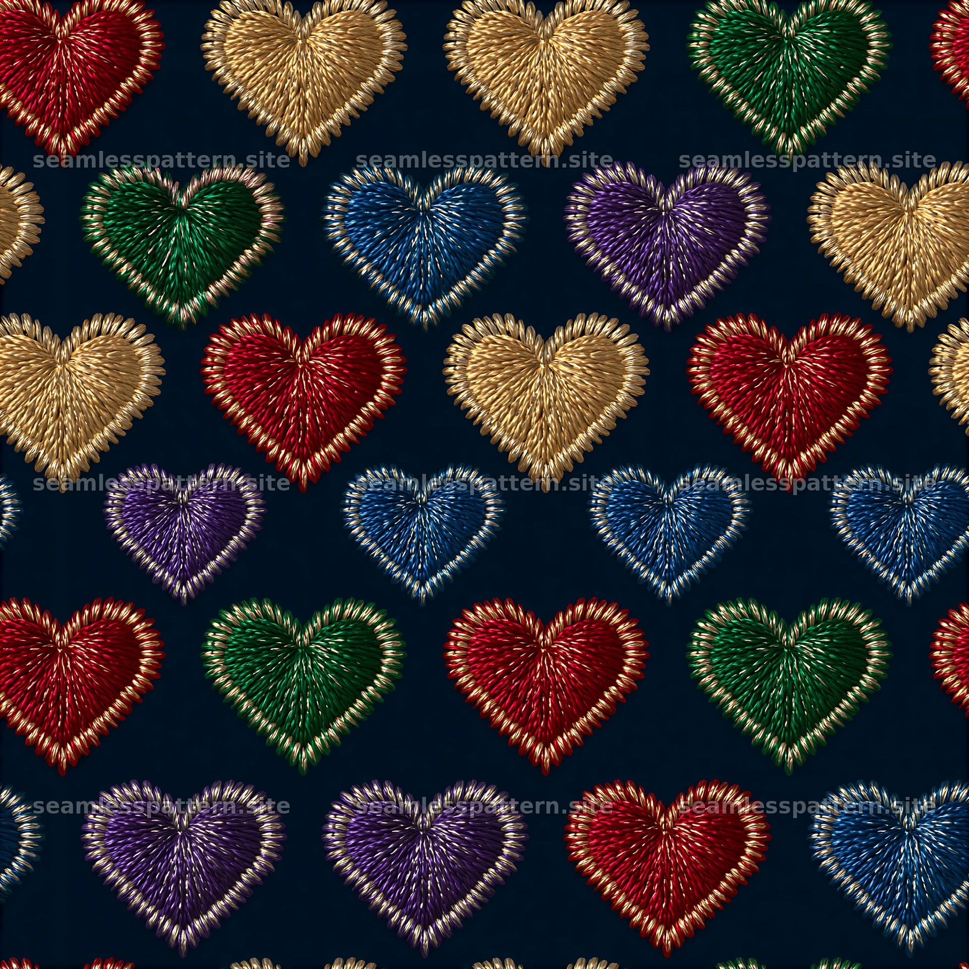 Heart embroidery tileable pattern on dark background with colorful hearts