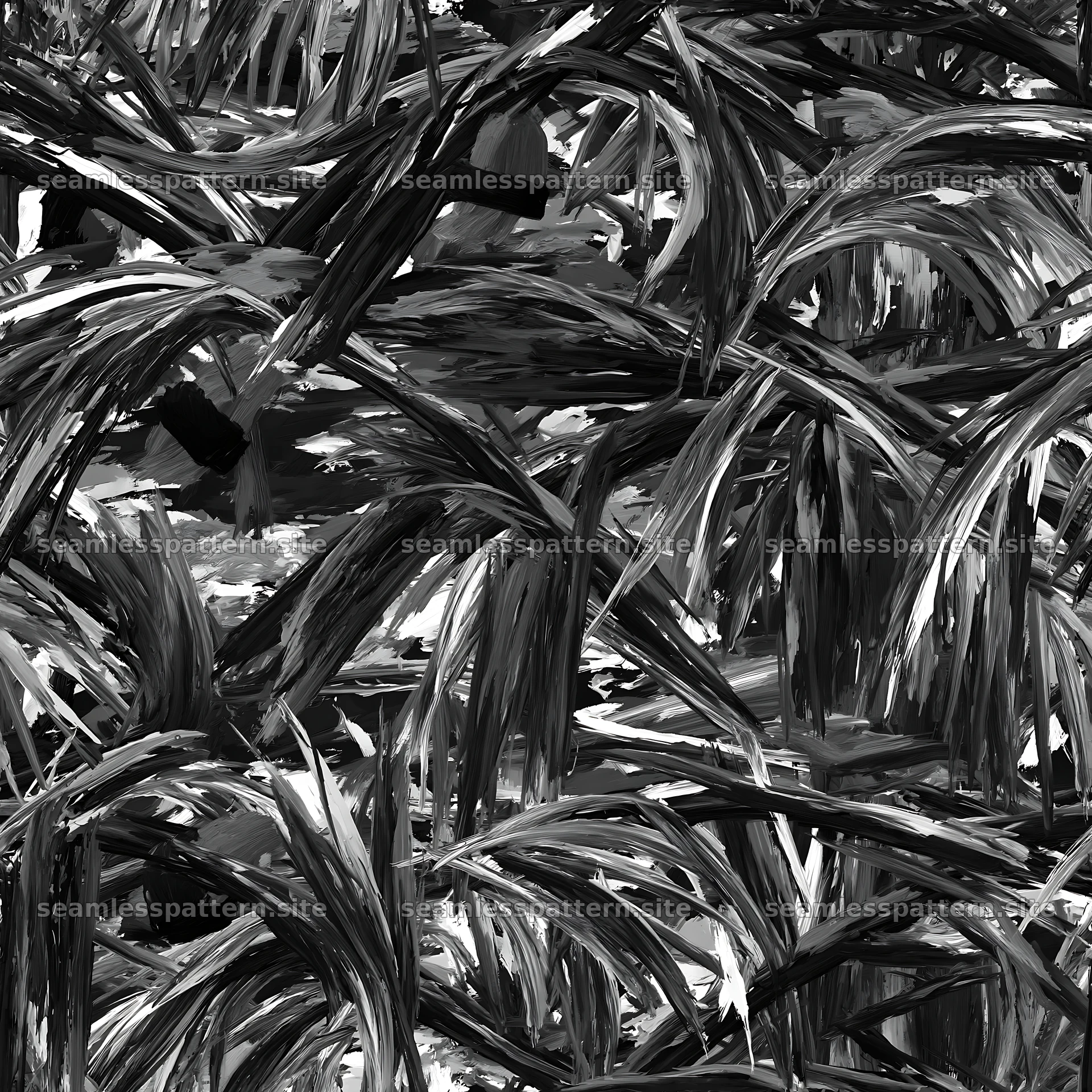Seamless woodland camouflage brushstroke pattern in black and white
