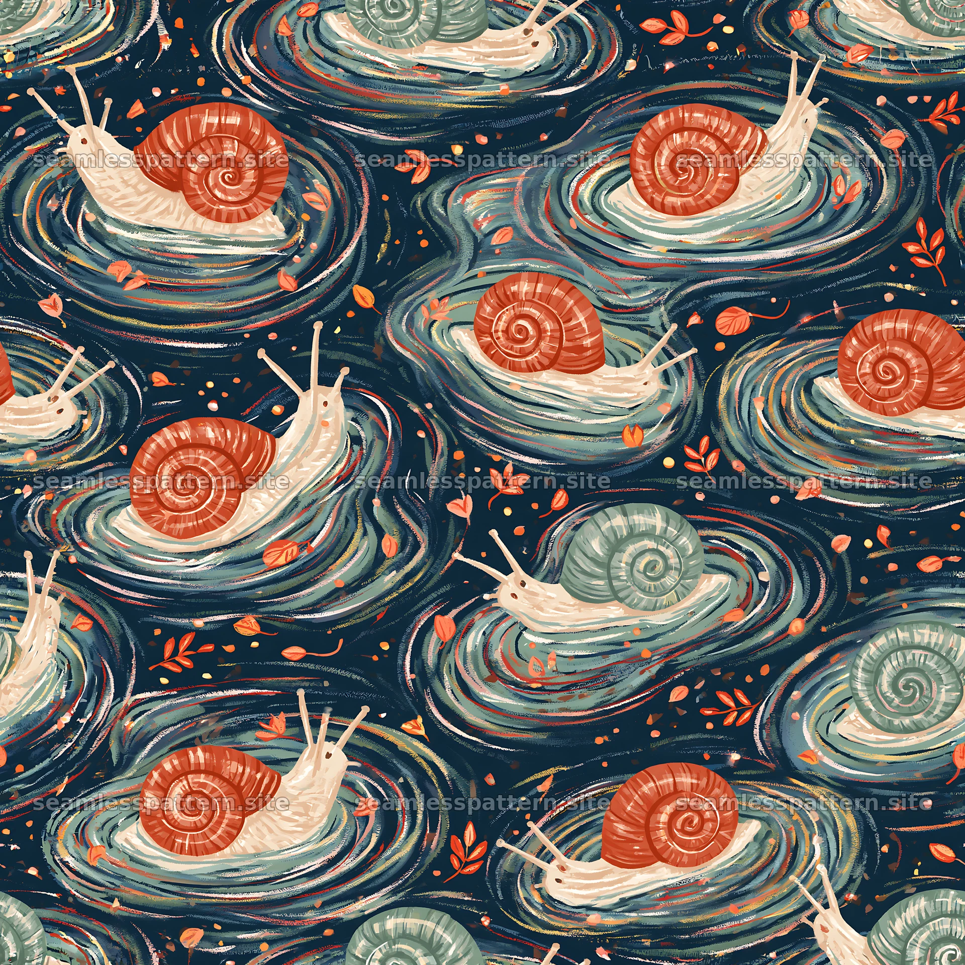 Repeating pattern of hand-drawn snails in natural settings