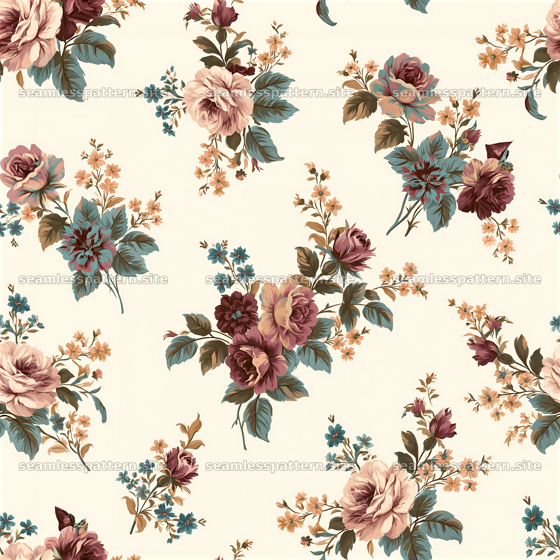 Vintage flower tileable pattern with rose and flora elements