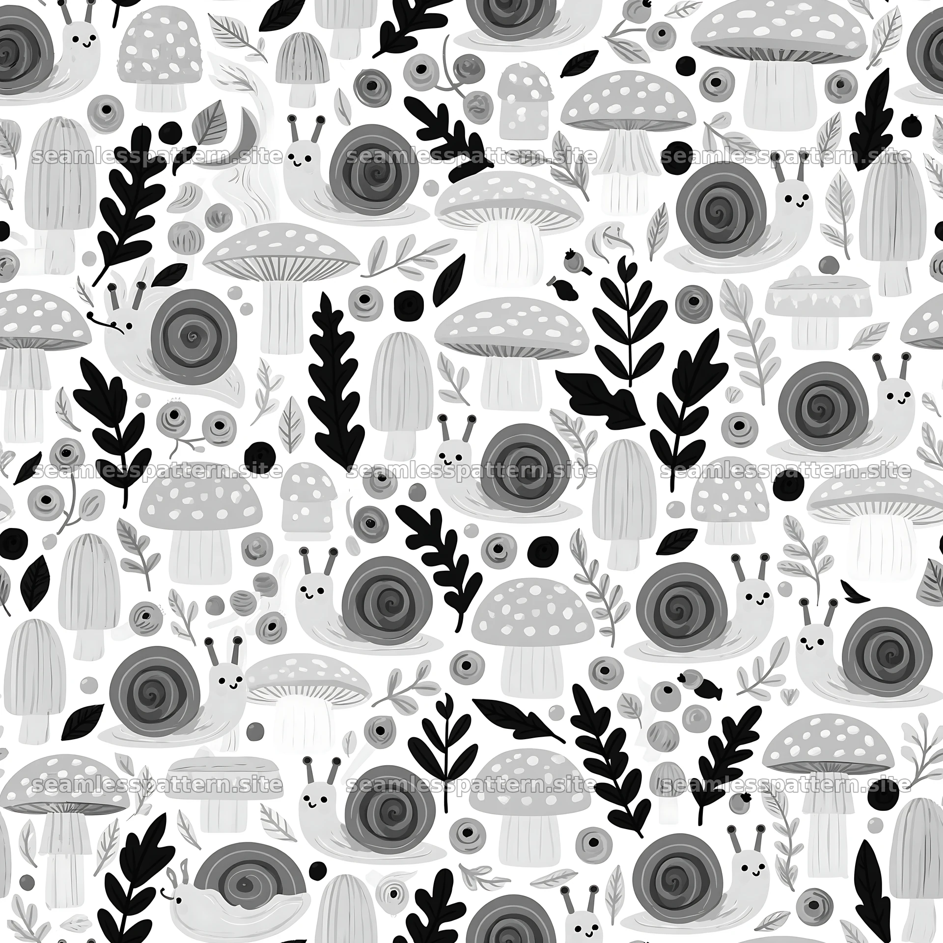 Cute black and white snails and mushrooms pattern
