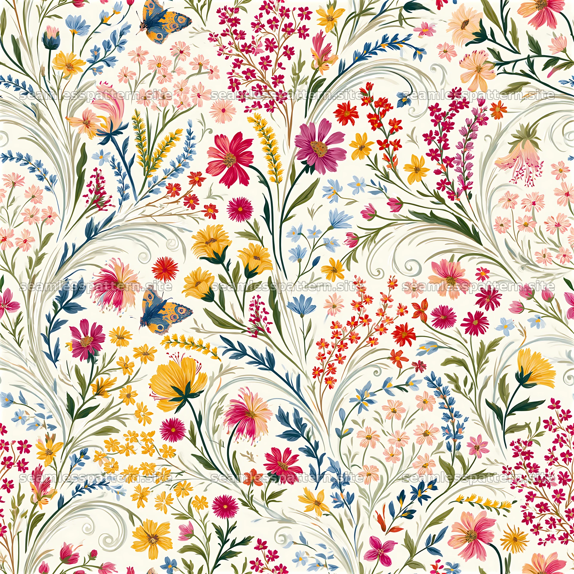 Bright floral details seamless pattern featuring colorful flowers and leaves