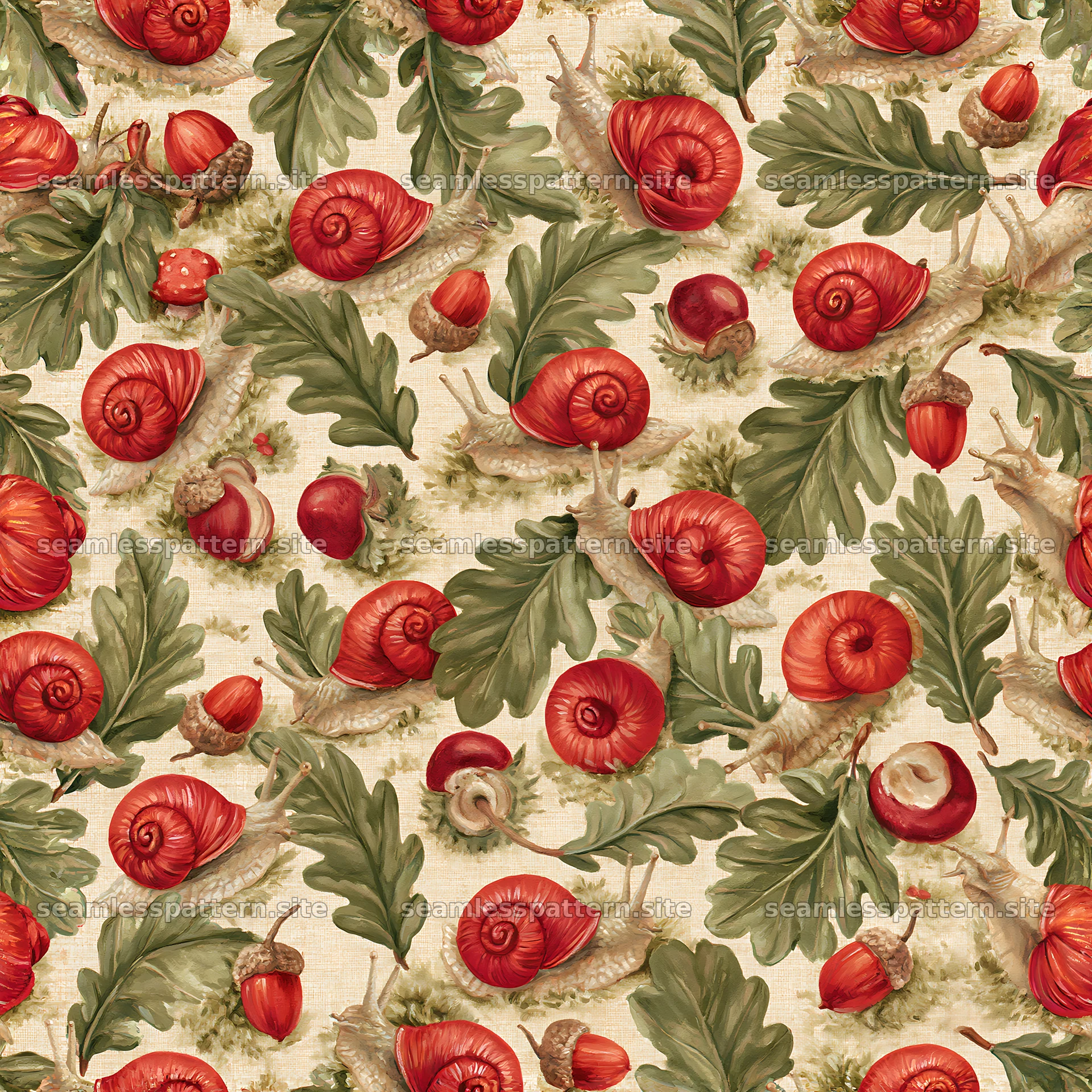 Red snail woodland seamless texture for fabric and wallpaper