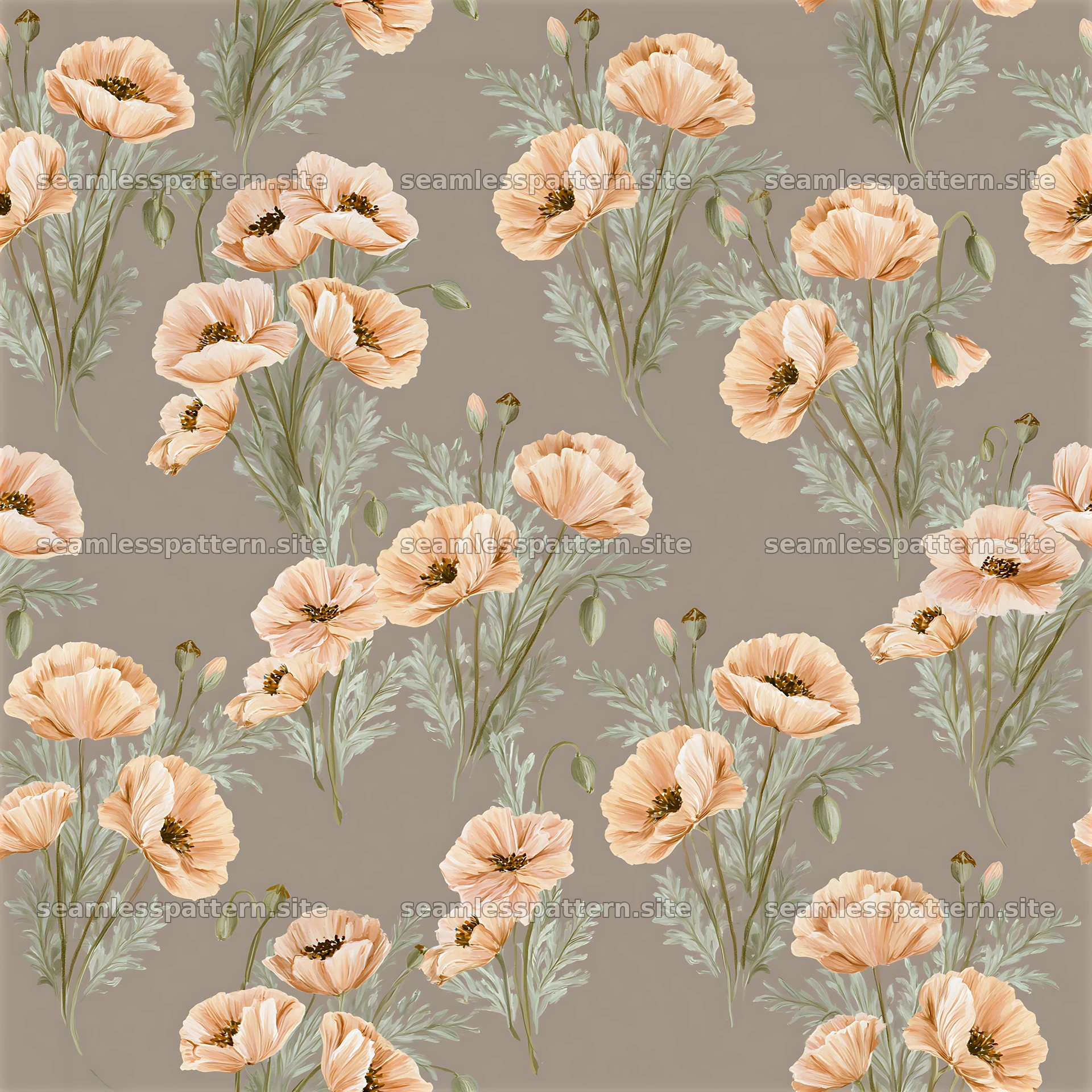 Poppy repeating pattern on soft brown background with green foliage
