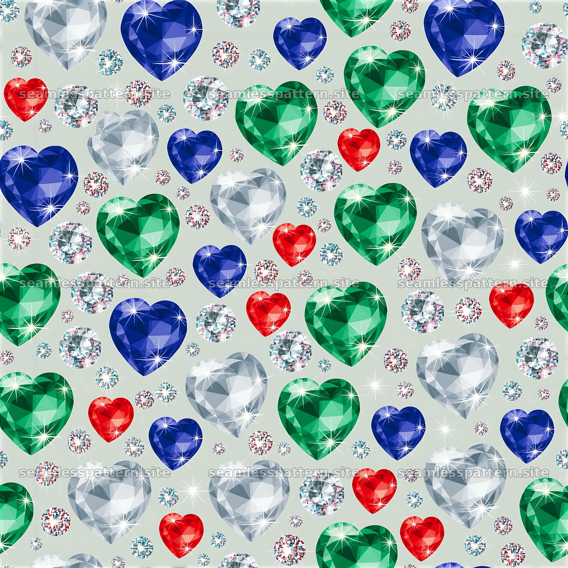 Heart crystals repeating pattern with colorful gem shapes