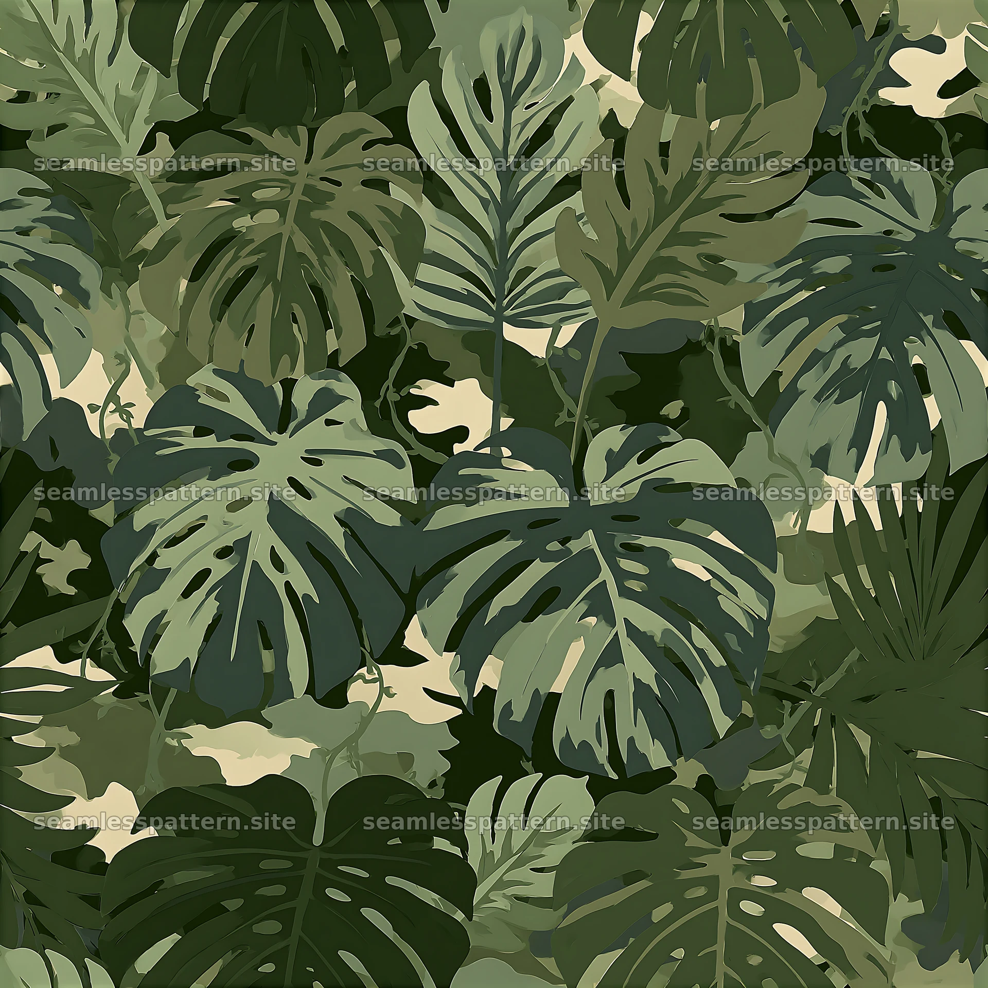 Green jungle camouflage repeating pattern with large leaves