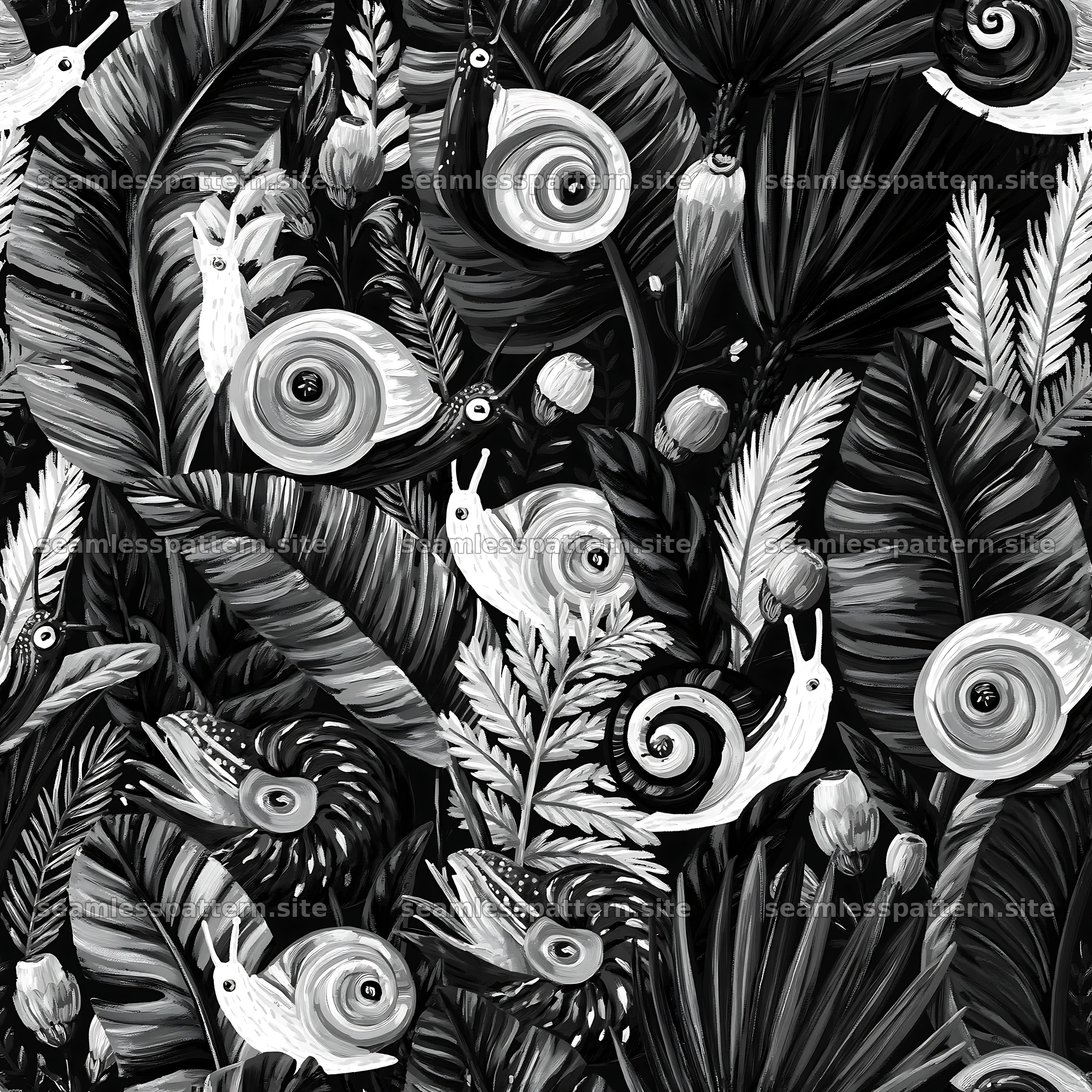 Seamless pattern with whimsical snails and foliage design
