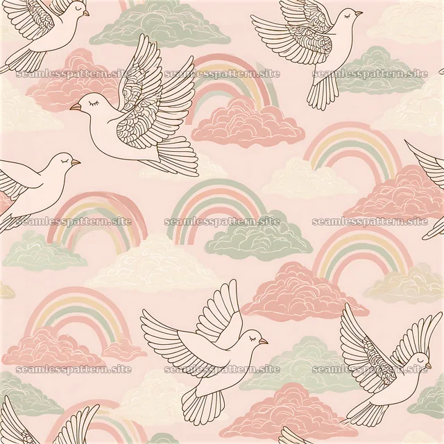 Seamless pattern featuring doves, rainbows and gentle pastel clouds