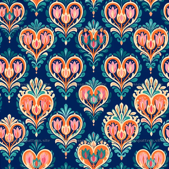 Floral heart medallions repeat pattern with bright colors and detail
