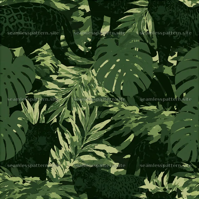 Green camouflage wildlife apparel seamless pattern with leaves and animals