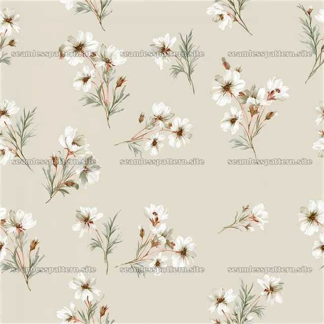 Tileable watercolor floral sprig pattern in soft neutral tones