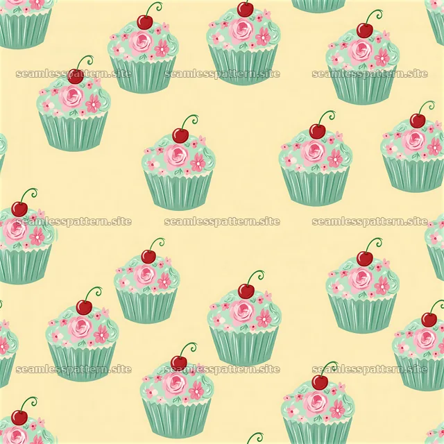 Romantic cupcake seamless pattern with colorful decorations