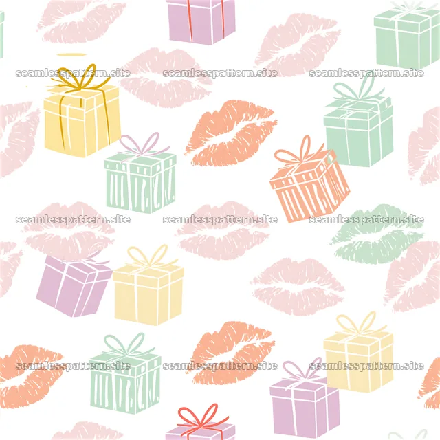 Seamless pattern of kiss prints with colorful gift boxes on a bright surface