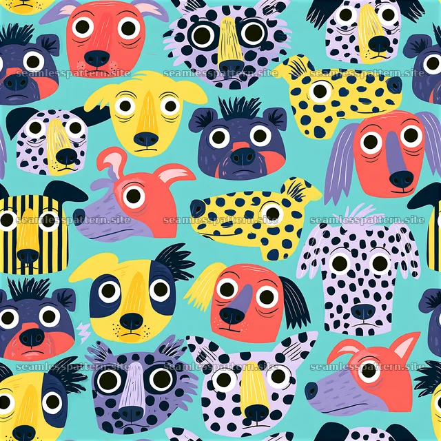 Repeat pattern with playful dog heads in bright colors