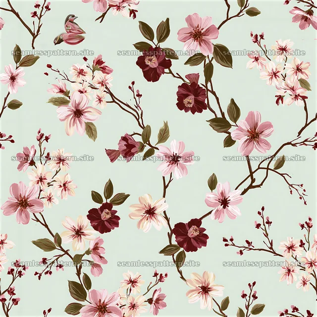 Repeat hand painted floral pattern with branches and leaves