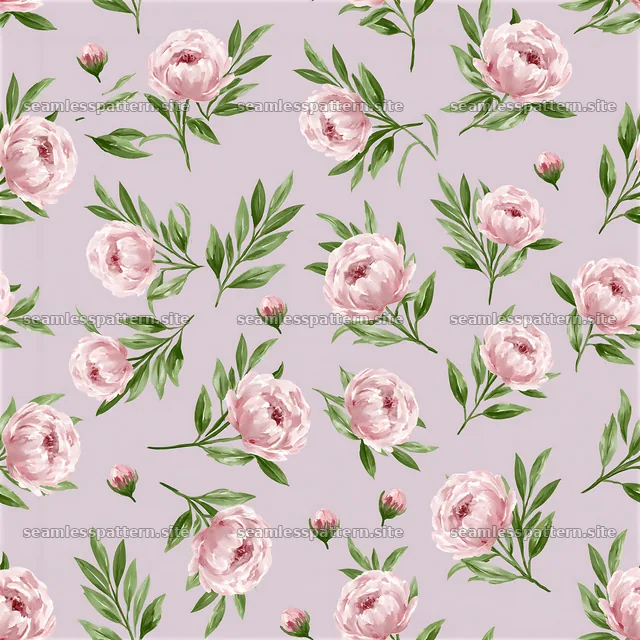 Seamless watercolor peony pattern with pink flowers and green leaves