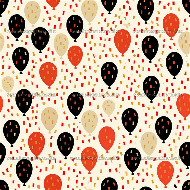 Repeating pattern of balloons and confetti with celebratory motifs