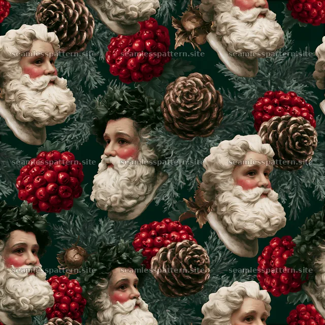 Santa Claus seamless texture with pinecones and berries, seamless pattern