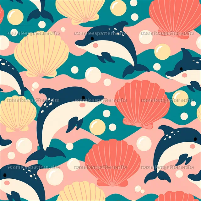 Adorable dolphin seamless pattern for kids with shells and bubbles