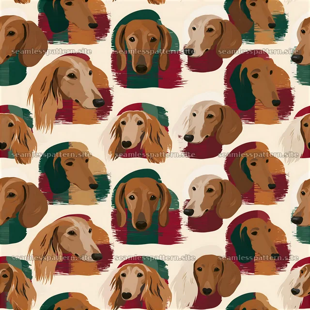 Repeat pattern featuring dachshund heads in various colors