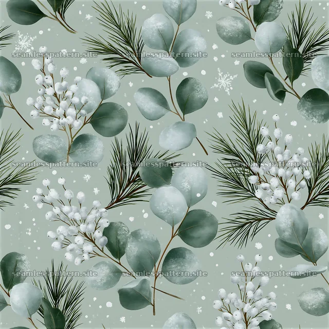 Seamless Christmas packaging pattern with green leaves and snowflakes