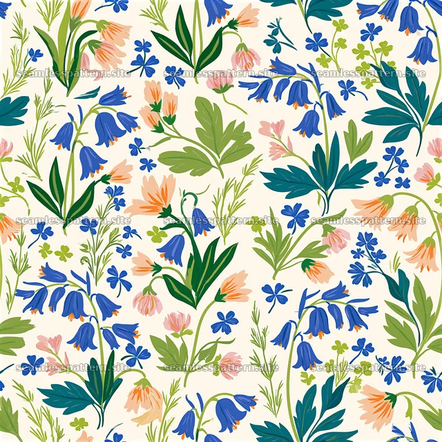 Bright botanical repeat pattern with flowers and green leaves