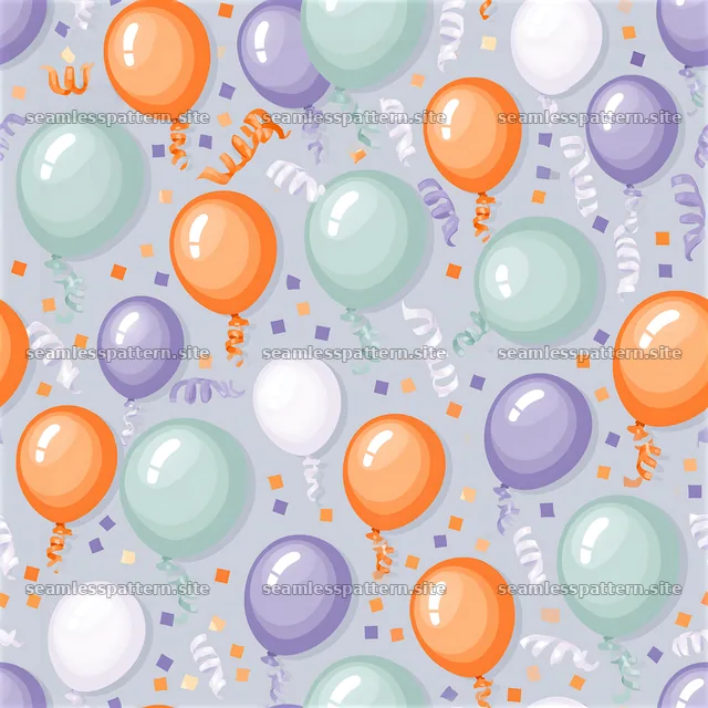Seamless pattern of balloons with curling ribbons and confetti