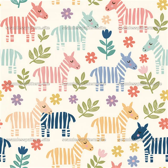 Colorful zebra seamless pattern with flowers and leaves