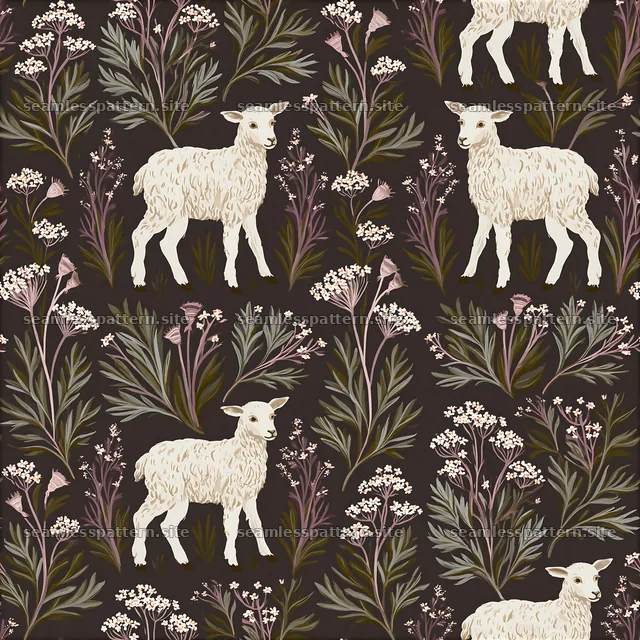 Repeat pattern with gentle lamb illustrations and meadow flowers