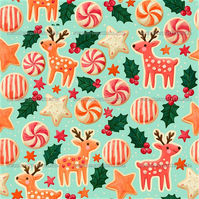 Colorful Christmas cookies seamless pattern with reindeer and stars