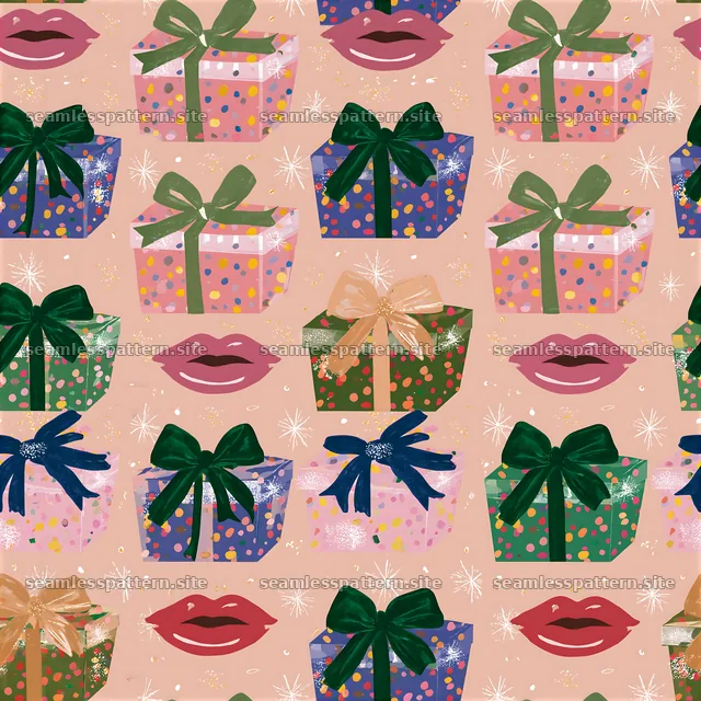 Repeat pattern of kissing lips and colorful presents