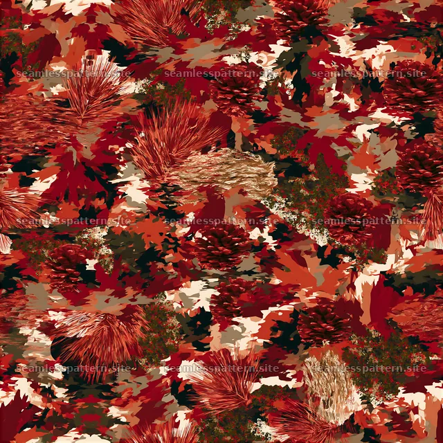 Red woodland camouflage tileable pattern with natural elements