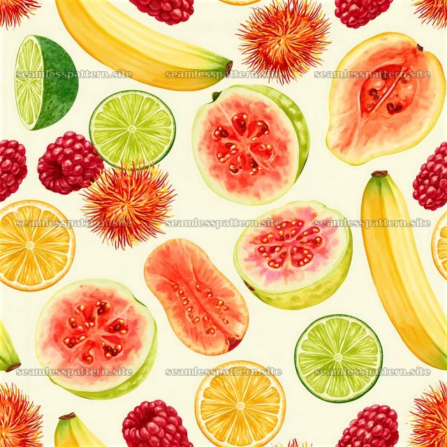 Bright tropical fruit seamless pattern with bananas and raspberries