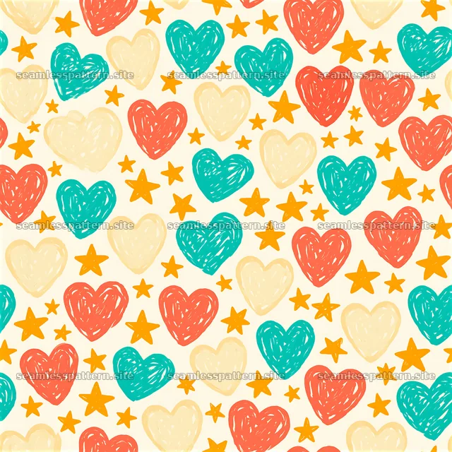 Seamless heart and star pattern in bright colors