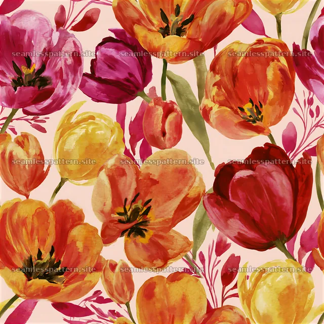 Colorful tulip seamless pattern with red, pink, and yellow flowers